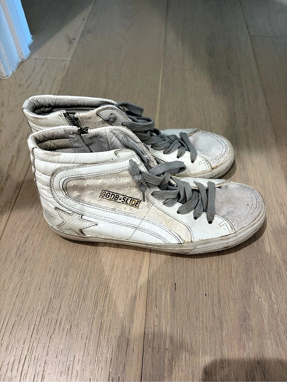 Golden Goose Slide High-Top Sneakers in White & Gray size 37